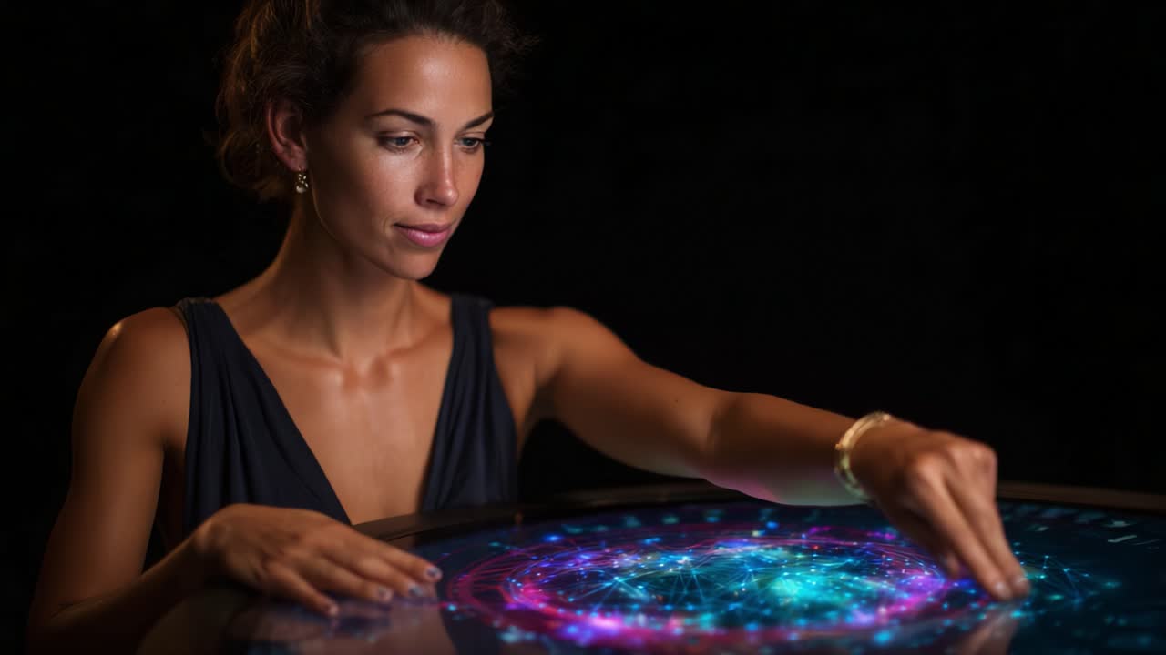Een vrouw interageert met een futuristische holografische display en verkent ingewikkelde patronen van kosmische energieën met elegantie en fascinatie in een boeiende omgeving