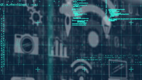 Animation of icons and data processing on black background