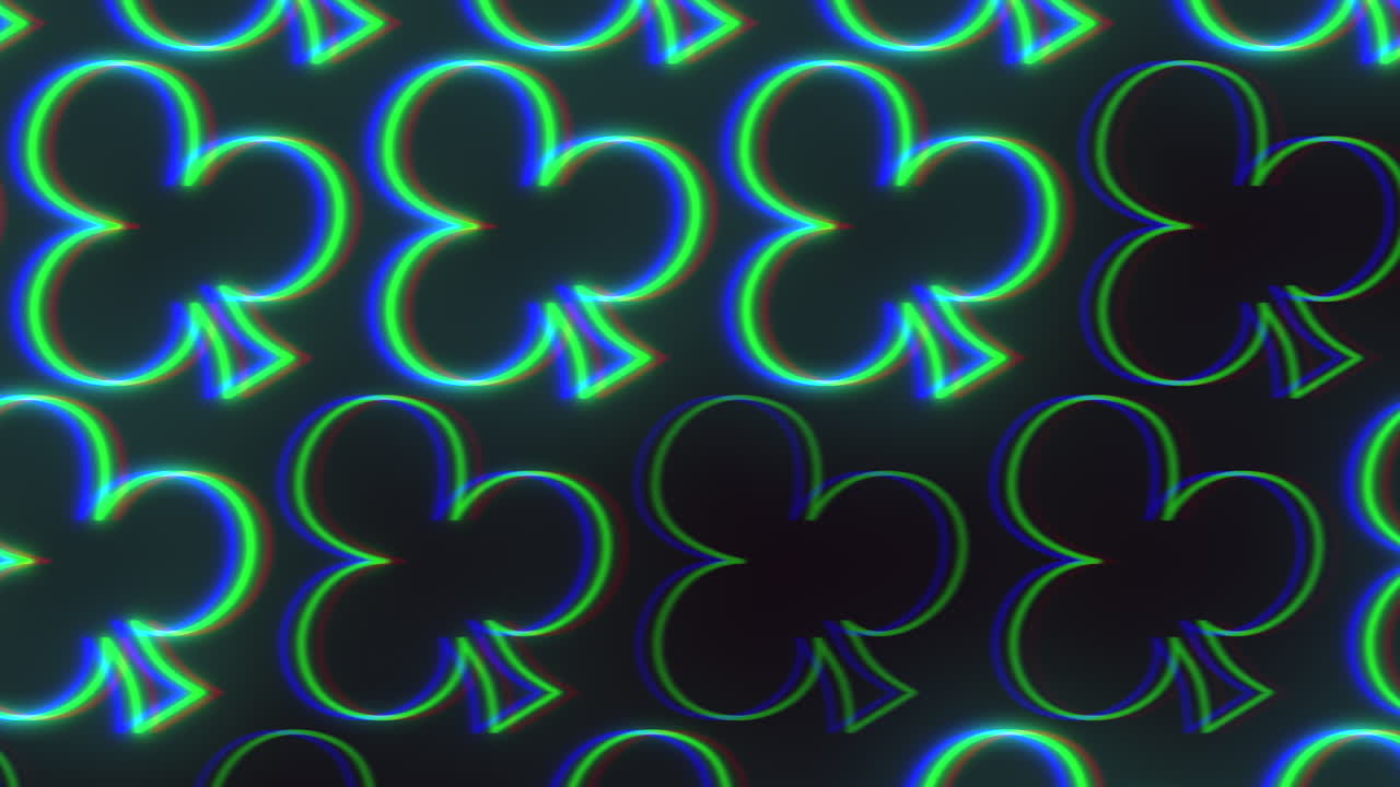 A vibrant and symmetrical pattern featuring neon shamrocks in blue and green hues, glowing against a dark background, creating a festive and visually captivating design