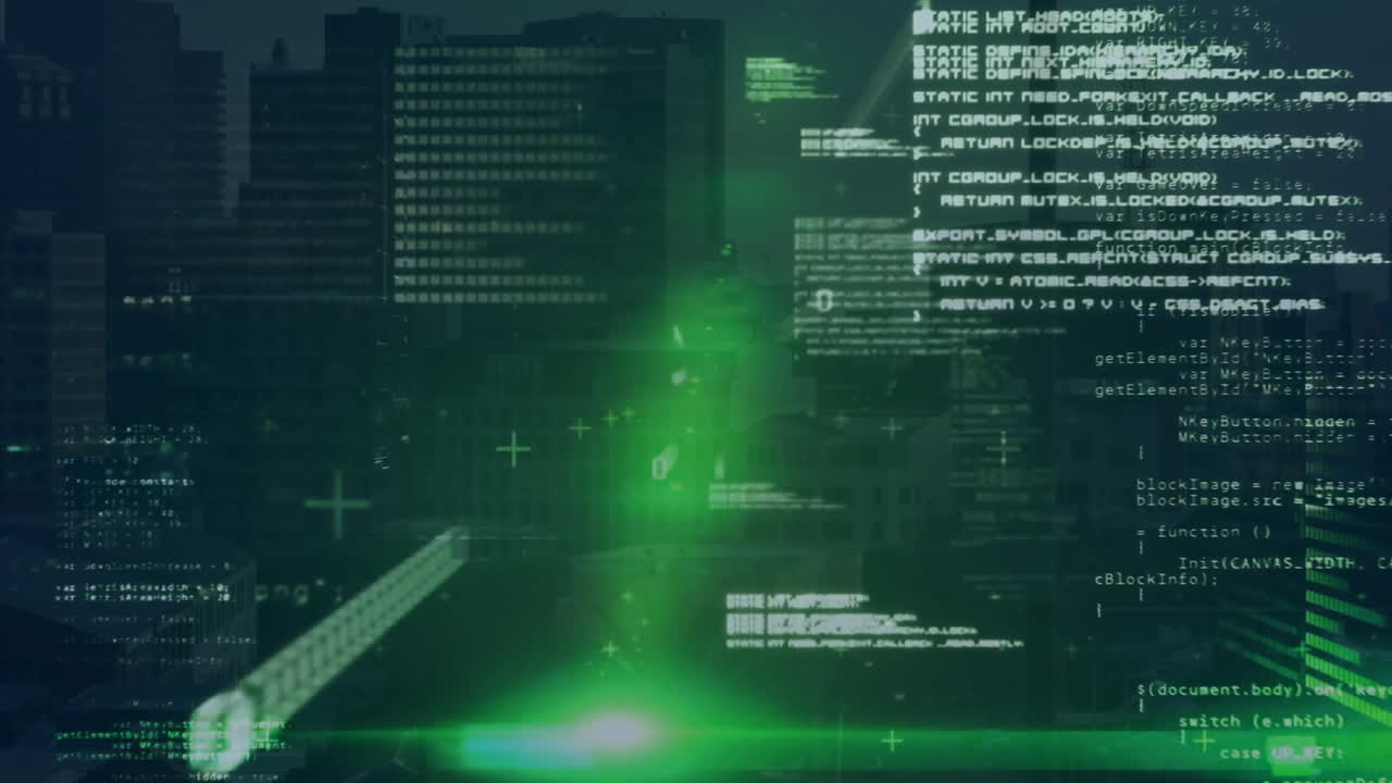 Animation of computer language and lens flare against modern buildings