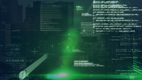 animación del lenguaje informático y el destello de la lente contra edificios modernos
