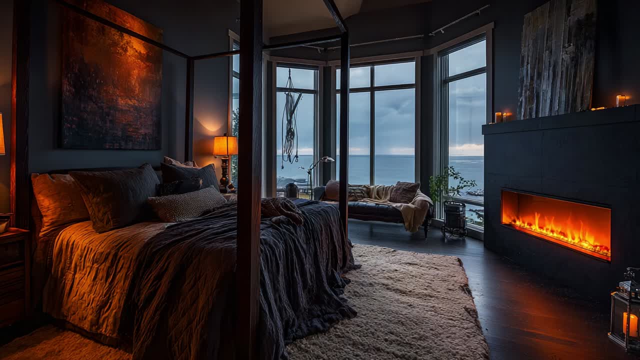 A Cozy and Luxurious Bedroom Oasis with Modern Elements, Featuring a Beautiful Sea View, Soft Lighting, and an Inviting Fire for Warmth and Ambiance, Perfect for Relaxation and Unwinding