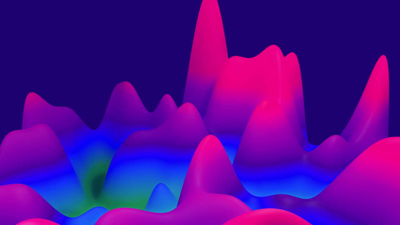 Hills or peaks change smoothly in cycle. 4k abstract looped fantastic background with liquid color gradient and internal glow material. Fantastic changing landscape. Beautiful color transitions