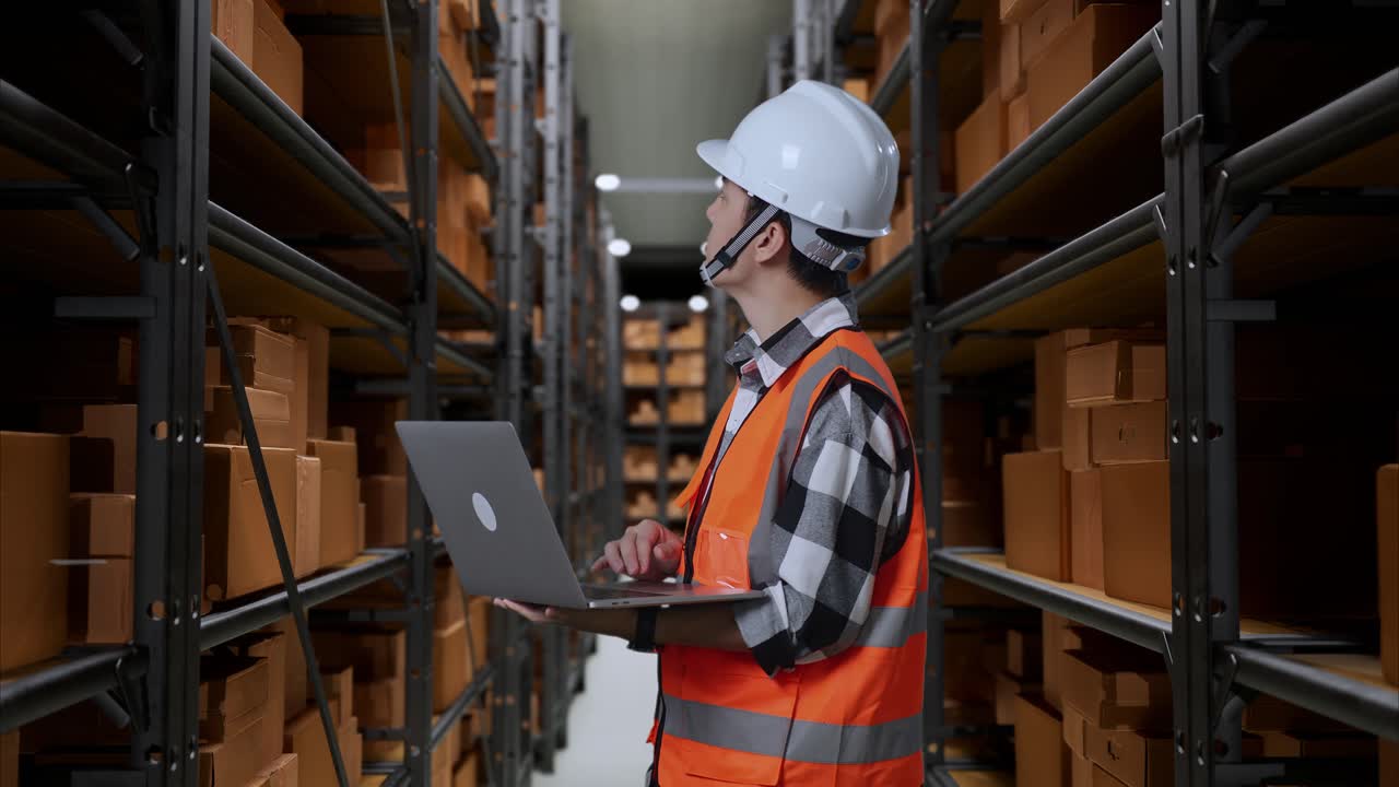 vista lateral de un ingeniero masculino asiático con casco de seguridad mirando una computadora portátil y mirando a su alrededor mientras está de pie en el almacén con estantes llenos de productos de entrega