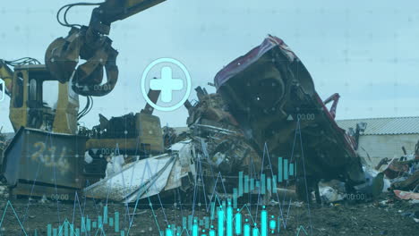 movimiento de chatarra, excavadora con cruz médica y animación de datos financieros