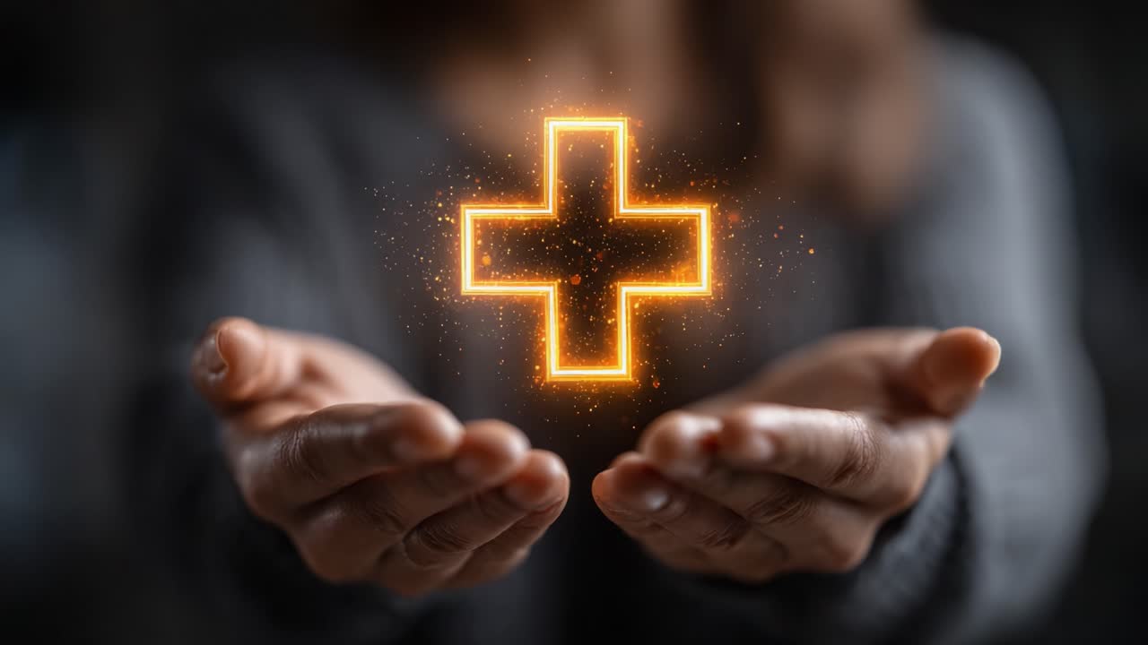 Un simbolo di cura e guarigione: croce illuminata che significa speranza e supporto, sottolineando l'importanza della salute e del benessere nella vita moderna.