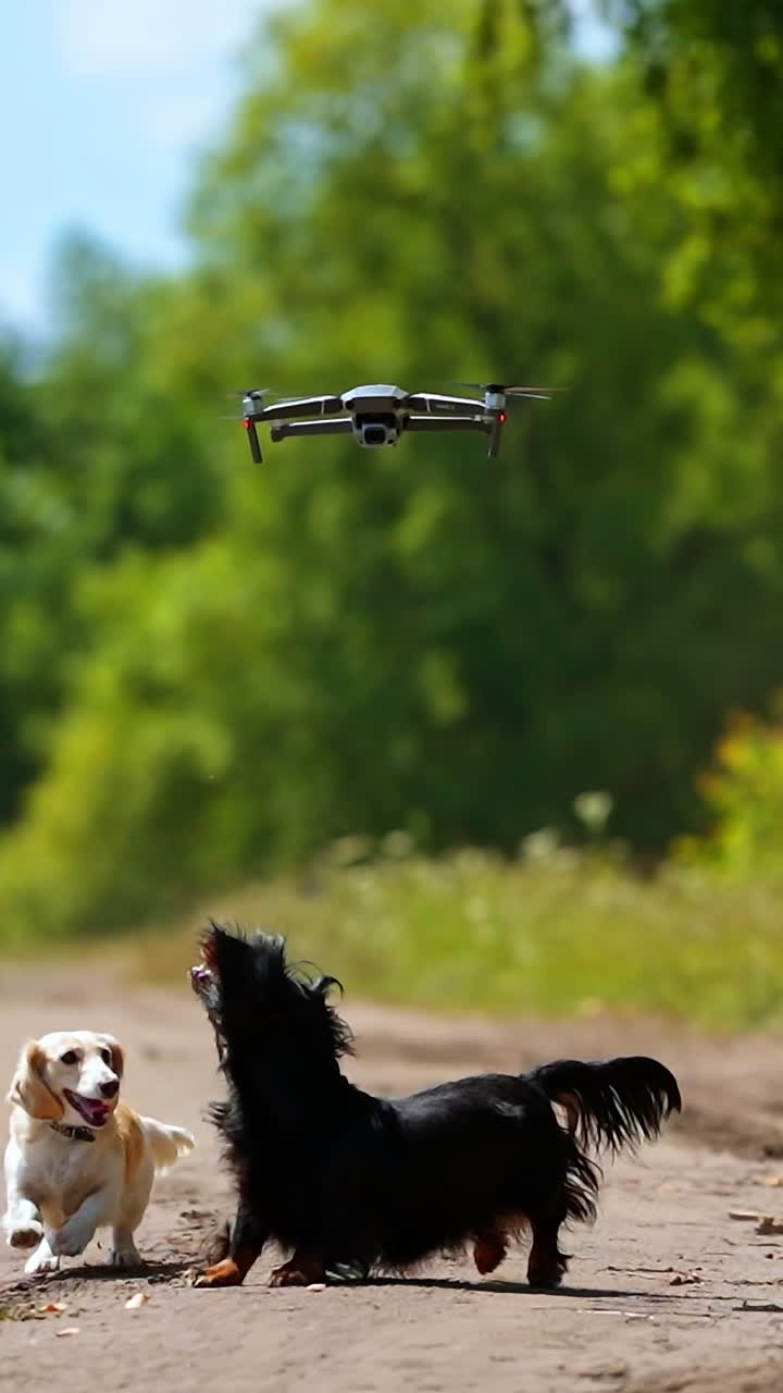 Three dogs playing outside. Looking above and running ahead. Trying to catch dron or quadrocopter. Nature background. Small breeds. Video of cute dogs. Vertical video