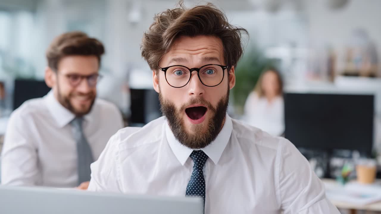 La reazione sorpresa di un uomo in un ambiente d'ufficio moderno, che cattura il momento di entusiasmo e coinvolgimento tra i colleghi