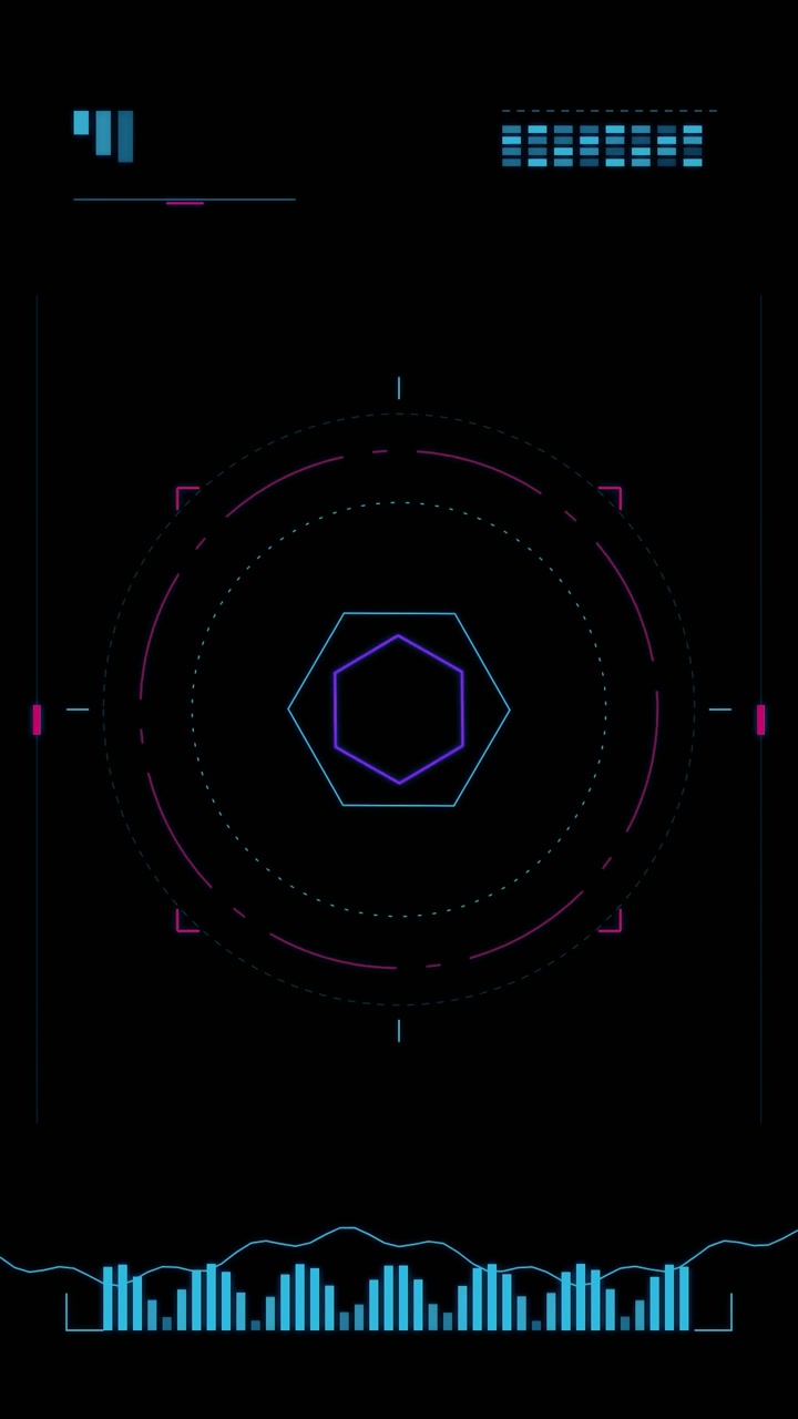 Futuristic Digital HUD Interface with Pulsing Hexagon and Audio Waveform