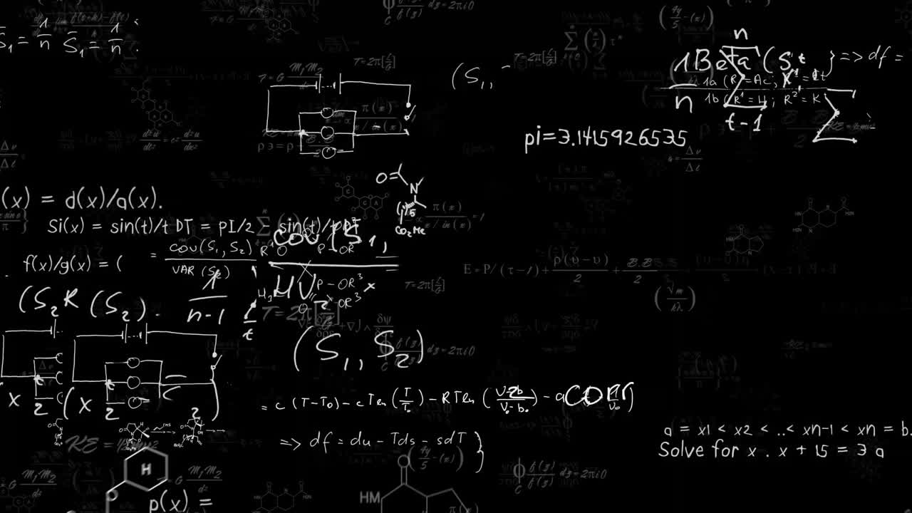 animación de ecuaciones matemáticas y fórmulas científicas sobre un fondo negro