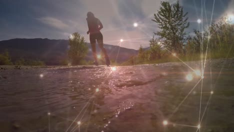 Animation-of-network-of-connections-over-fit-caucasian-woman-jogging-in-nature