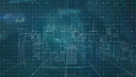 animation of digital city with data processing over padlock icon