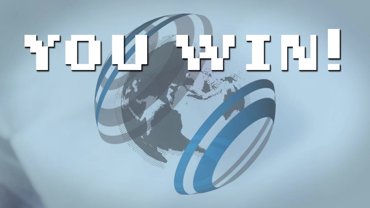Animation af teksten 'Du vandt' med en globus og et mønster i baggrunden.