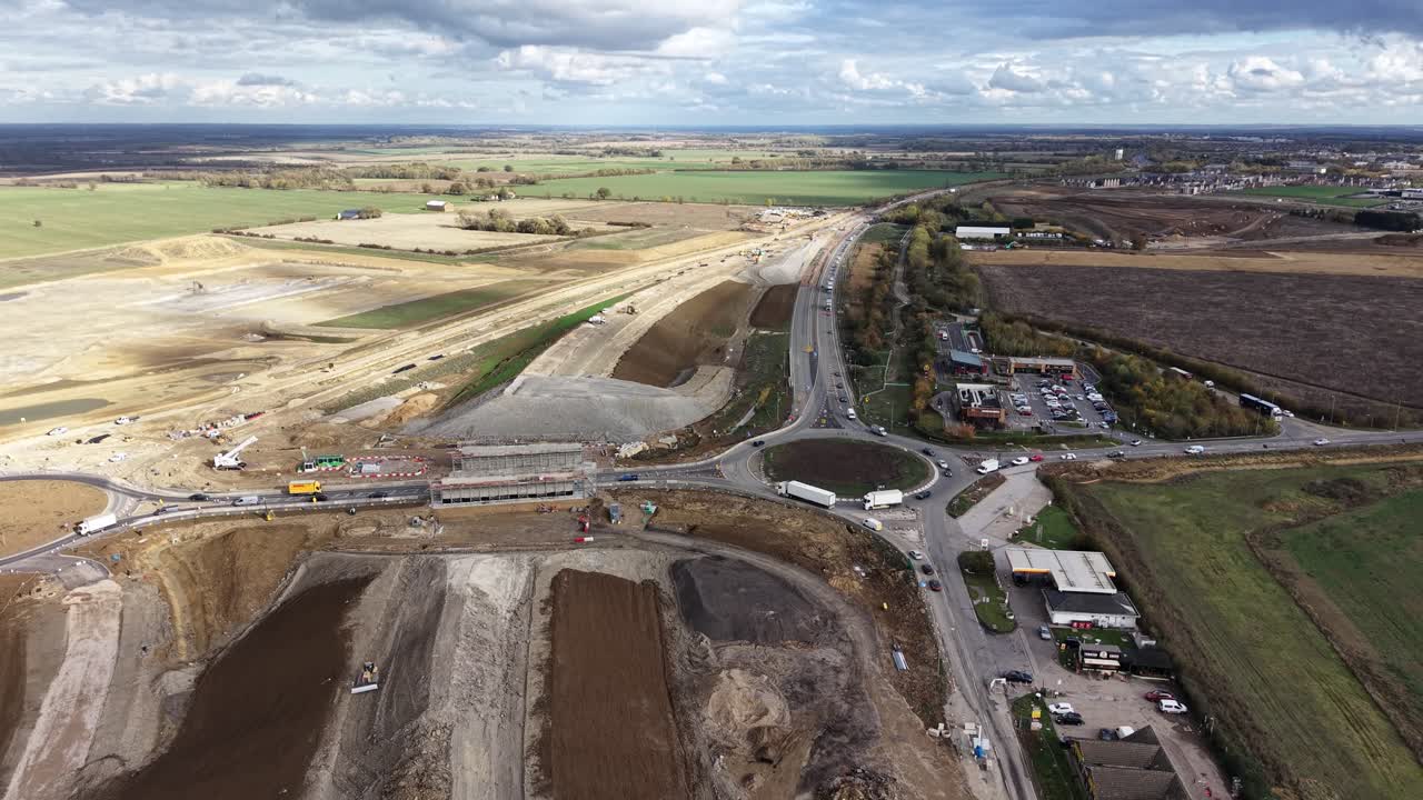 Ascending ,aerial A428 highway road upgrade Cambridgeshire UK drone,aerial