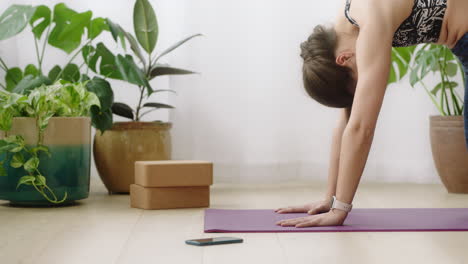 Attraktive-Yoga-Frau-übt-Einen-Gesunden-Lebensstil-Und-übt-Die-Katzen-Kuh-Pose-Und-Genießt-Das-Training-Zu-Hause-Beim-Training-Auf-Der-Trainingsmatte