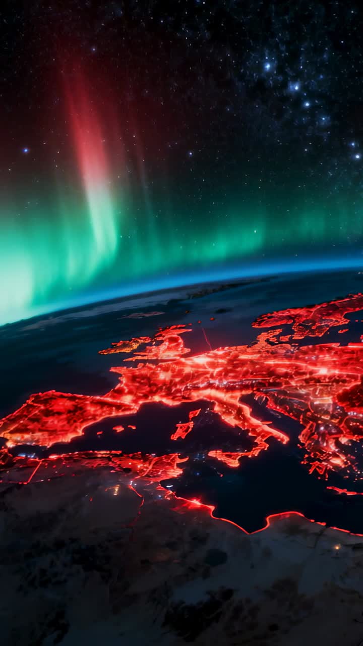Vertical video: Animating Earth view showing Europe red network pulsing at night, with green aurora