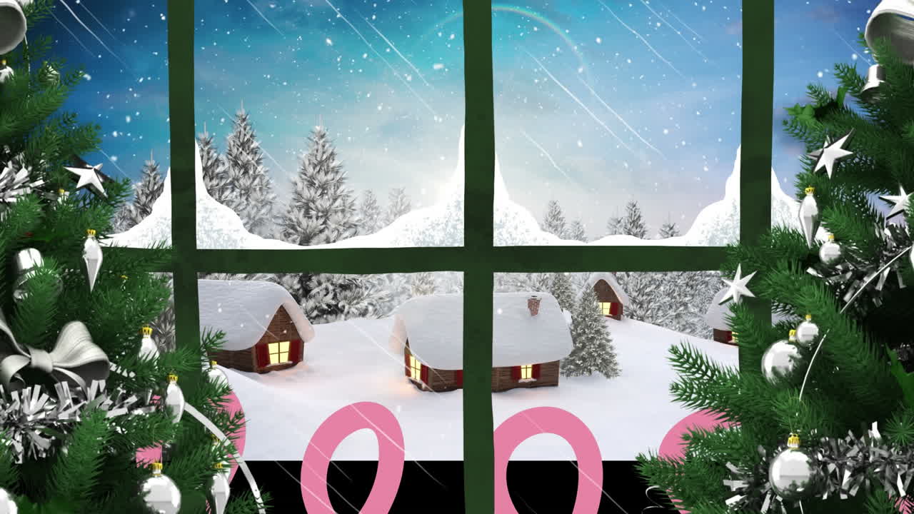 크리스마스 겨울 풍경과 눈이 내리는 애니메이션이 창문을 통해 보입니다.