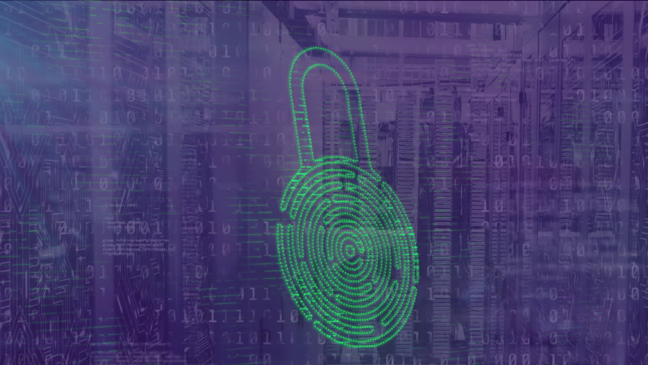 animación del icono del candado sobre el procesamiento de datos y la sala del servidor.