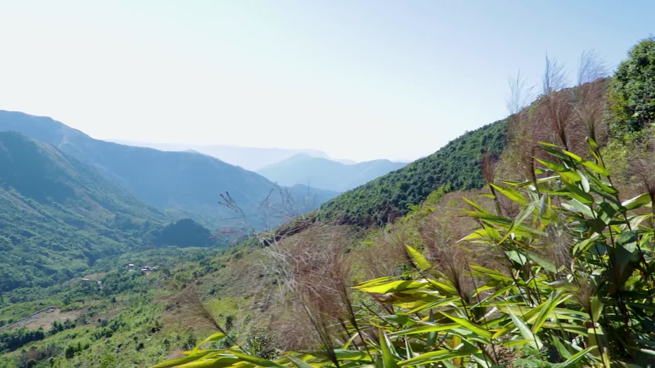 cordillera cubierta de densos bosques verdes y cielo brillante en el video de la mañana tomado en meghalaya india