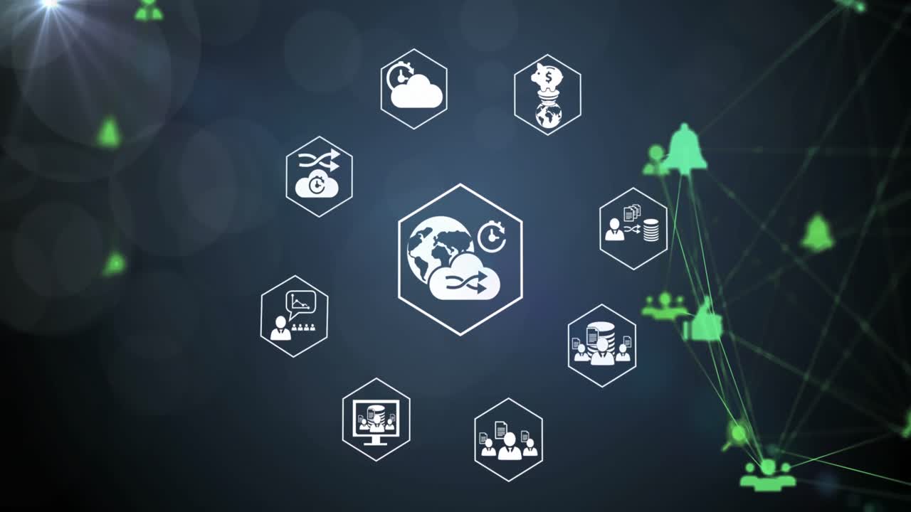 어두운 배경에서 연결 및 아이콘 데이터 처리를 가진 지구의 애니메이션