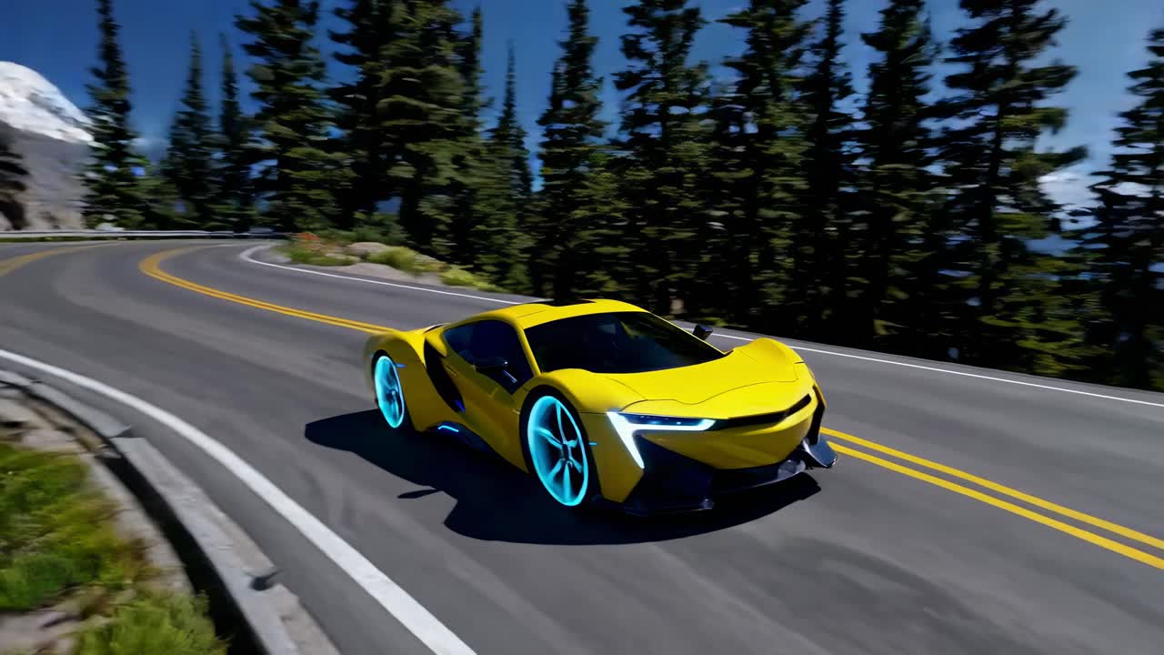 산길에서 노란색 미래의 스포츠카