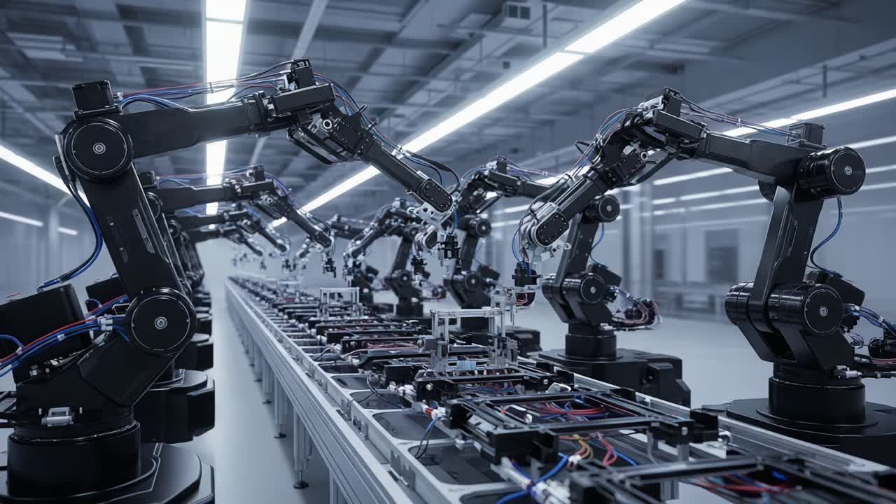 A High-Tech Manufacturing Environment Showcasing Advanced Robotic Arms Efficiently Working on an Assembly Line for Precision Production in a Modern Facility