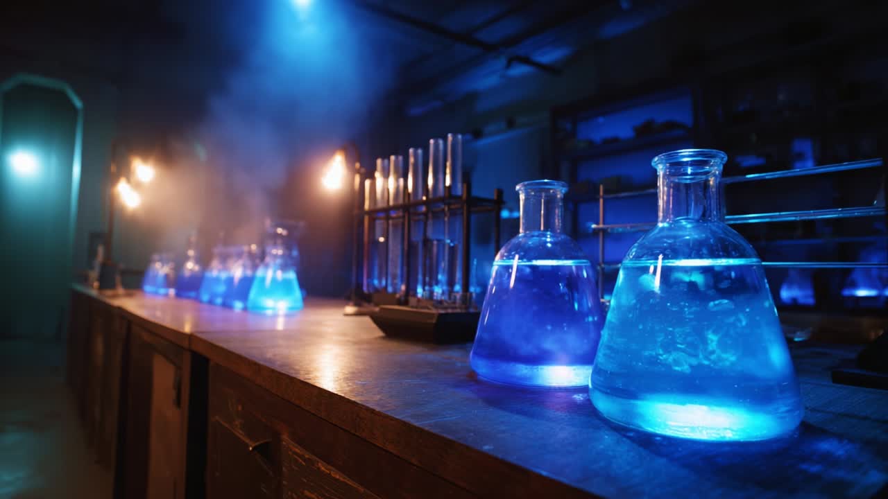 Illuminated Lab Experiment: A Steamy Display of Colorful Blue Solutions in Beakers Under Ambient Lighting, Creating a Mysterious and Intriguing Scientific Atmosphere for Exploration and Discovery