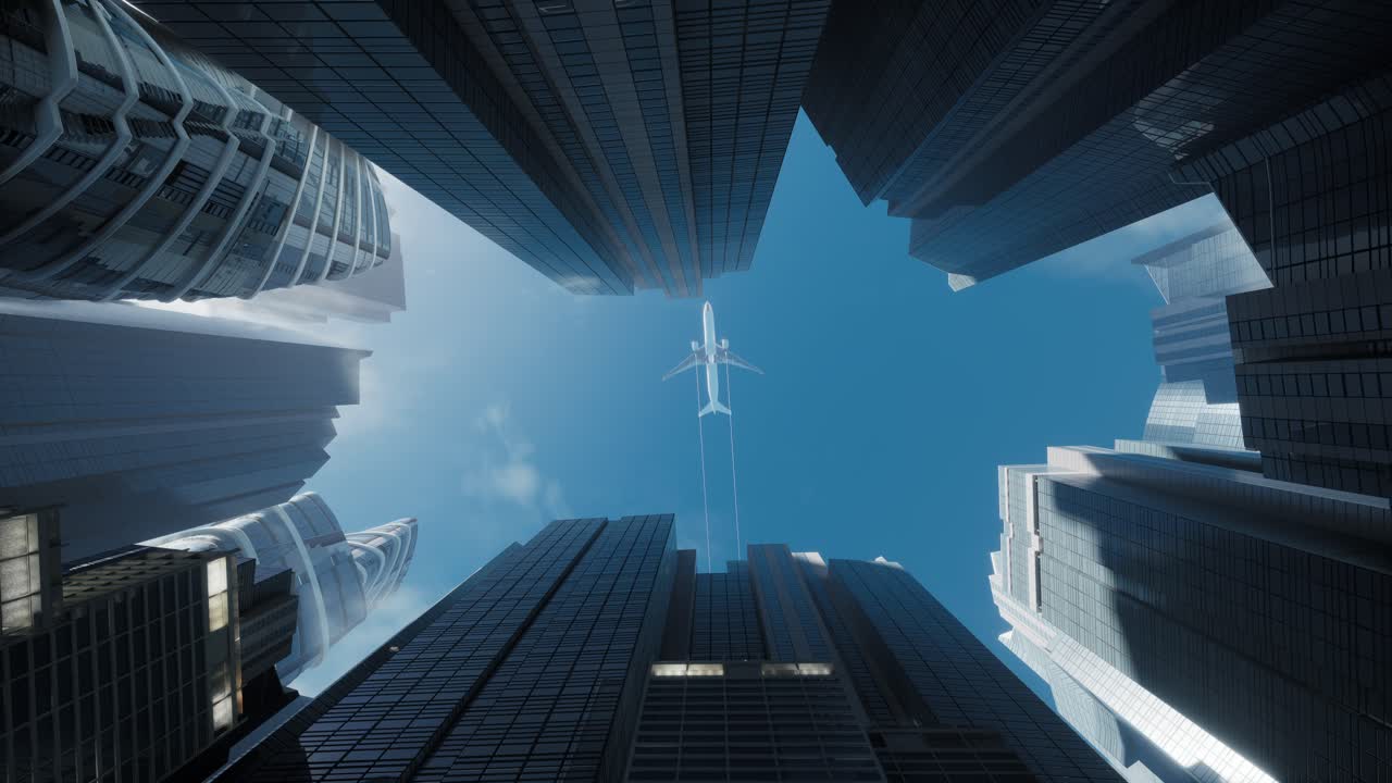 avión volando por encima del edificio de oficinas con un hermoso cielo. vista de bajo ángulo de los edificios de vidrio espejo