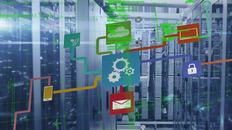 Animation of network of connections with cloud and icons over computer servers