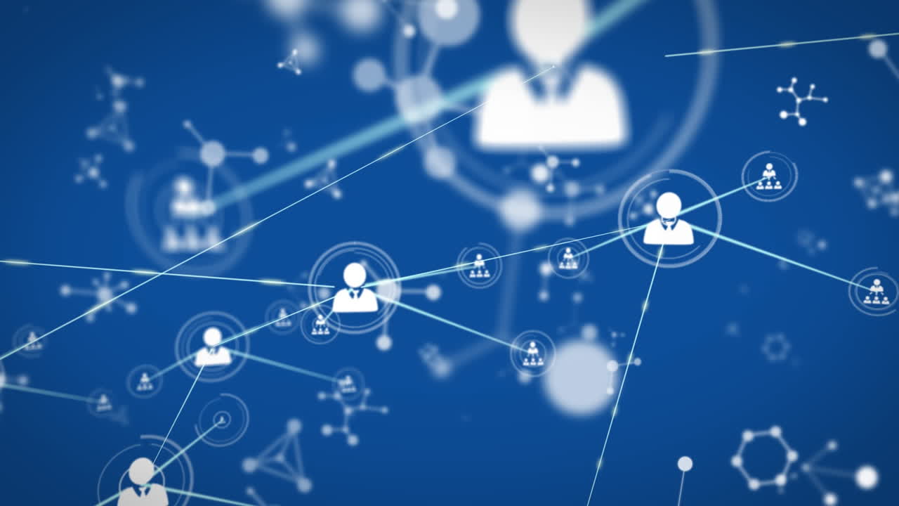 파란색 배경에 대한 분자 구조와 프로파일 아이콘 네트워크의 애니메이션