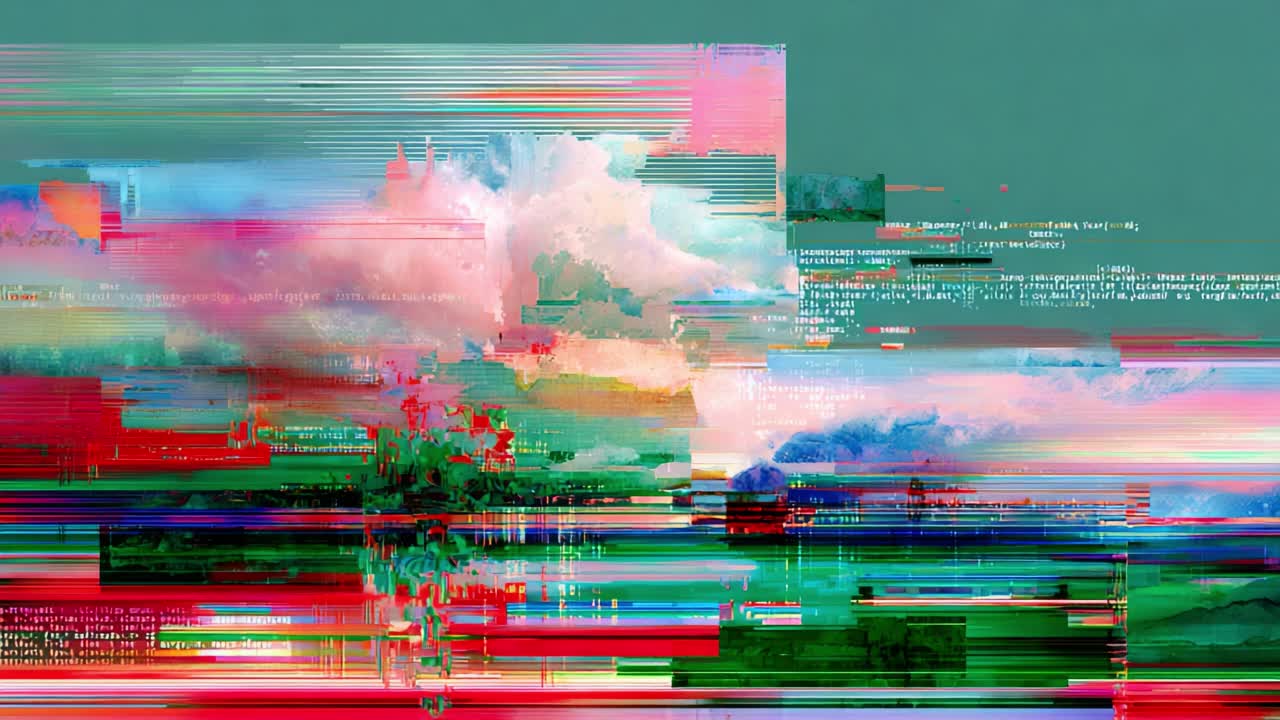 A Digital Landscape: An Abstract Representation of Nature Chaotically Interpreted Through Technological Artifacts and Vibrant Color Gradients Merging Reality with Glitch Aesthetics