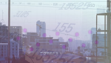 animation of financial data processing over cityscape