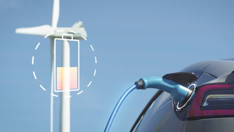 zoom in, animated enhanced - a generic electric car charges with wind turbine