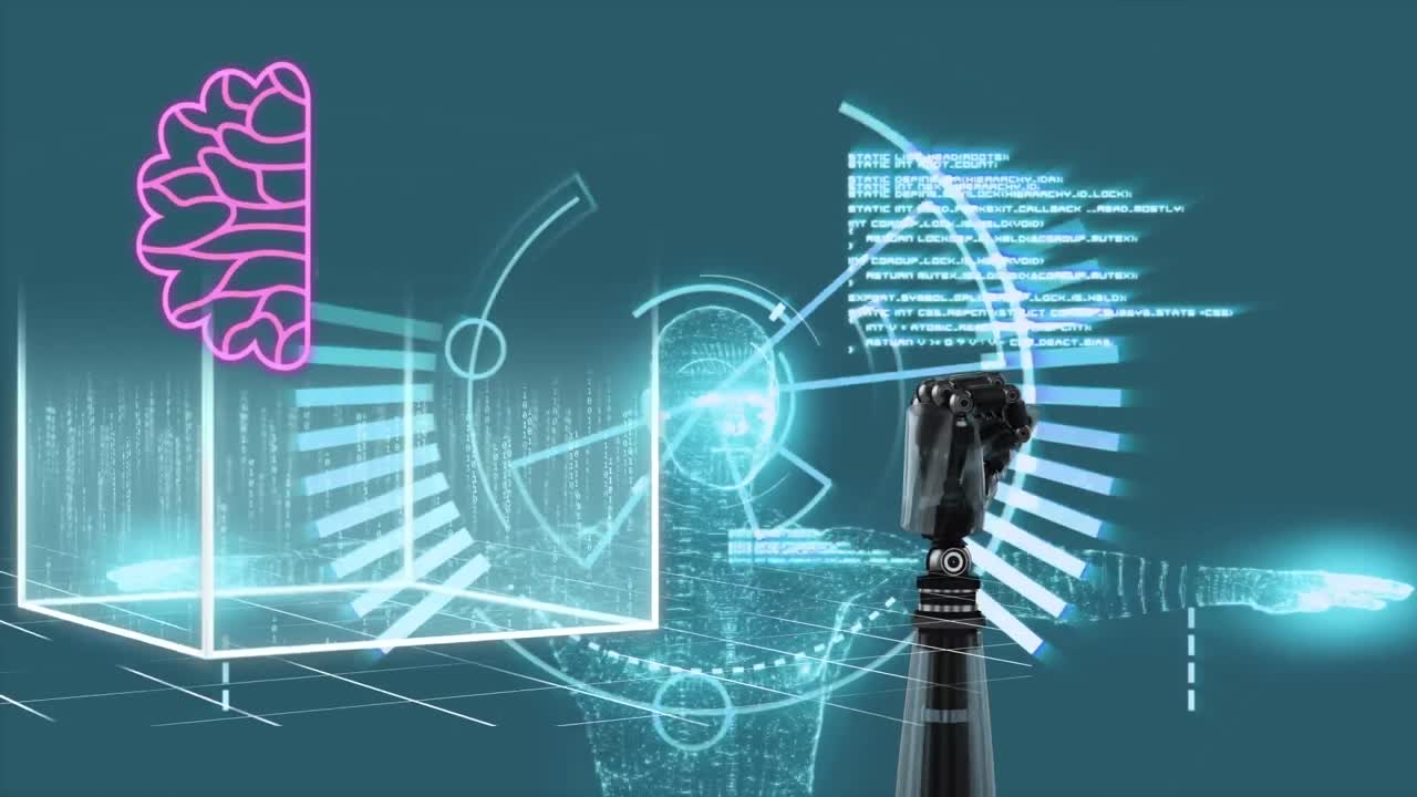 Animation of ai data processing over robot's arm and dark background