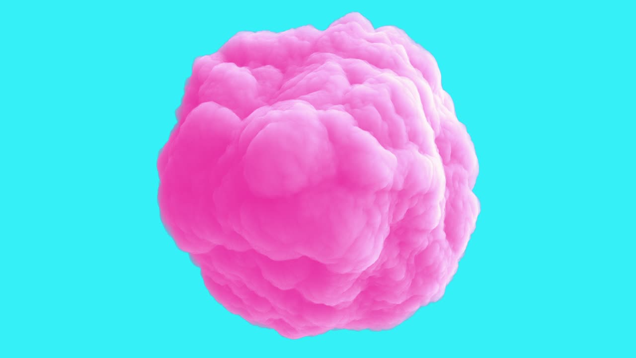 Pink cloud isolated on blue background. Realistic 3d art element in modern stop motion style. Minimal abstract graphic design. Fashion loop cartoon animation.