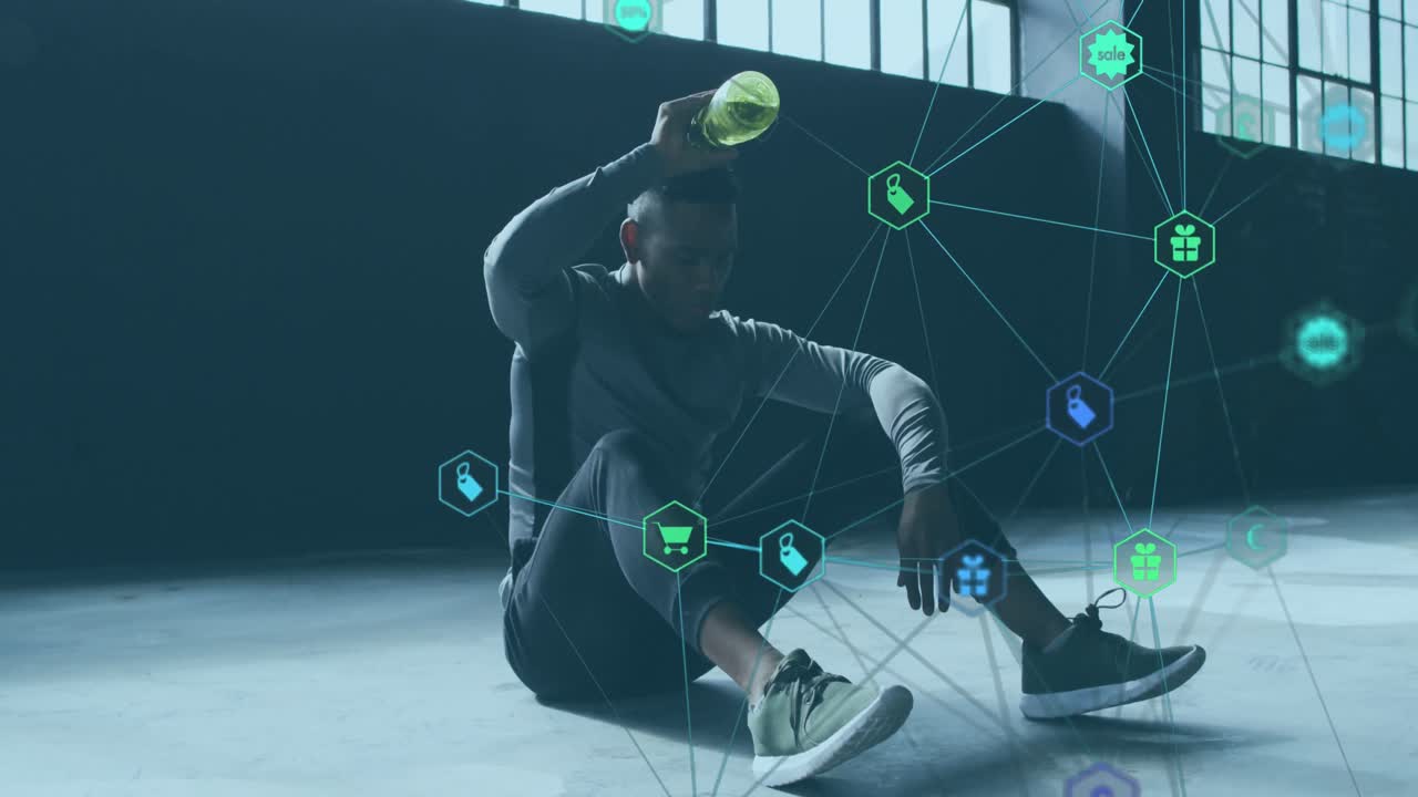 머리에 물을 뿌리는 사람 위에 기술 아이콘과 연결 네트워크의 애니메이션