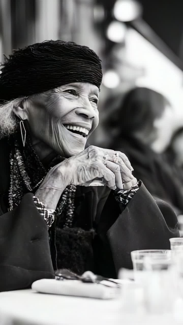 Joyful Elderly Woman Smiling at a Cafe Table, Capturing the Essence of Happiness and Connection Among Friends in a Cozy Setting