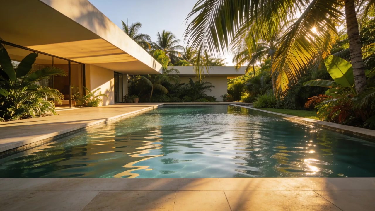 Shimmering rectangular pool rippling from light breeze as sun shifting in backyard, palm shadows