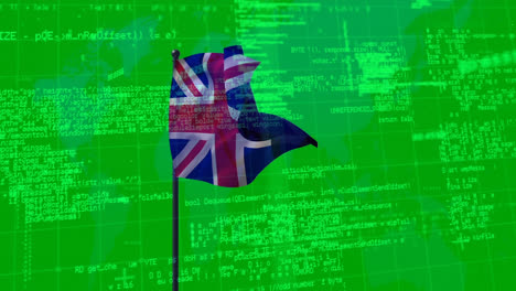 animación del procesamiento de datos financieros sobre la bandera del reino unido.