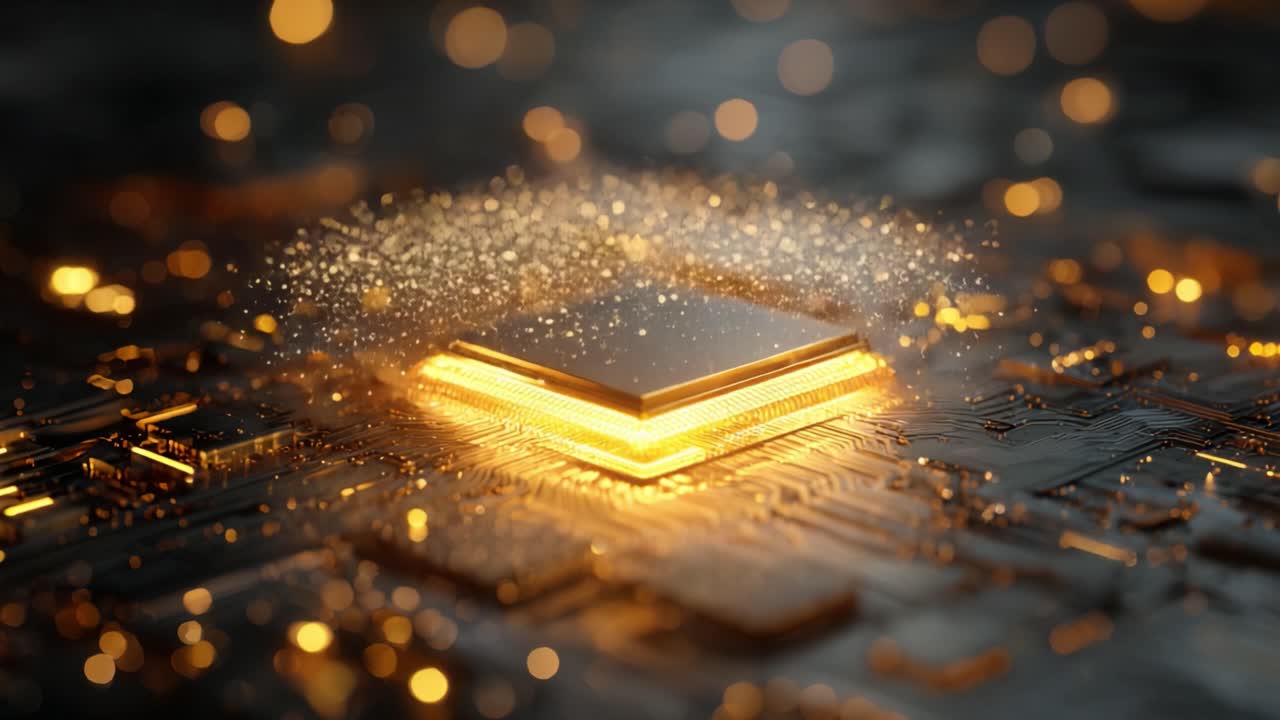 Potente processore di computer che invia segnali e particelle di luce attraverso una futuristica scheda madre, a rappresentare l'innovazione nell'intelligenza artificiale, l'elaborazione di big data e la scienza