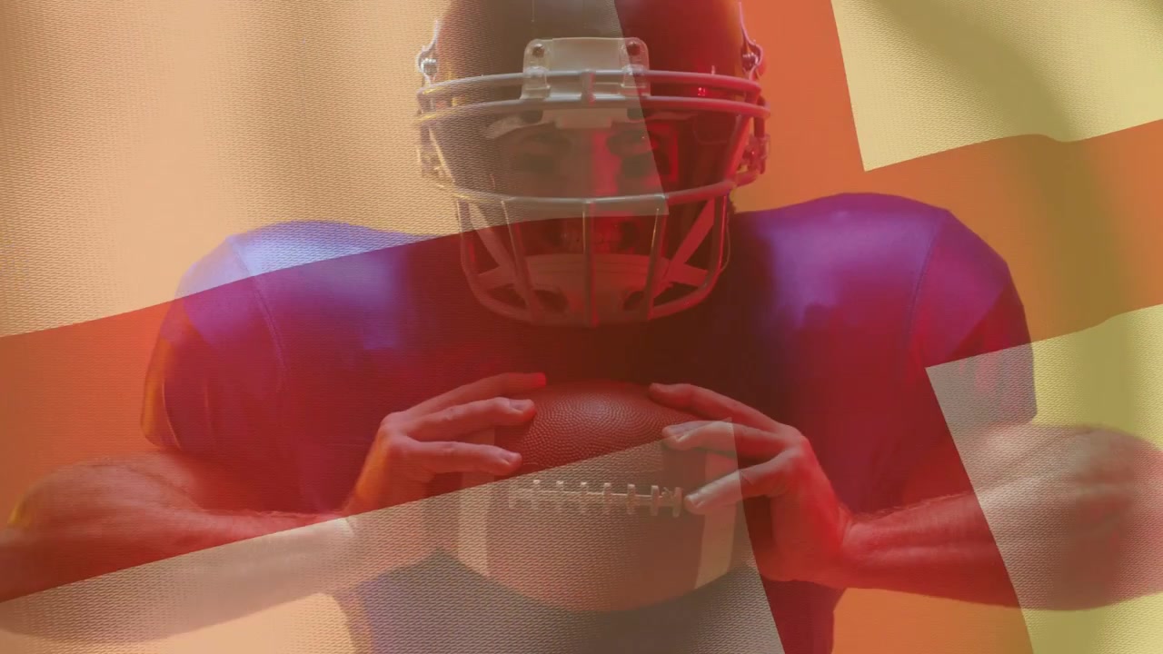 Quarterback maschio con casco che tiene la palla, con una bandiera che sventola, che genera un effetto di presa dinamico e una promozione rossa pulsante.