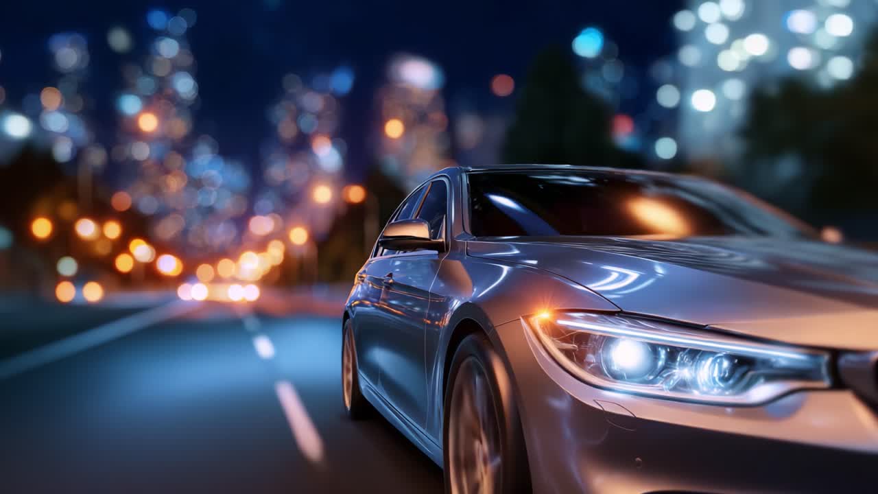 Un'auto elegante e moderna che sfreccia in un vivace paesaggio urbano di notte, illuminata dai lampioni e dalla luce dei grattacieli in lontananza in un'affascinante ambientazione urbana