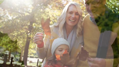 animation of caucasian family walking in park over shapes