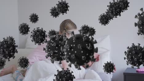 Animation-of-virus-cells-over-caucasian-woman-and-her-daughter-lying-in-bed