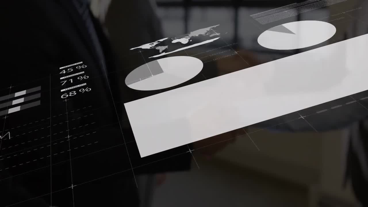 animación de estadísticas y procesamiento de datos sobre el apretón de manos de un empresario