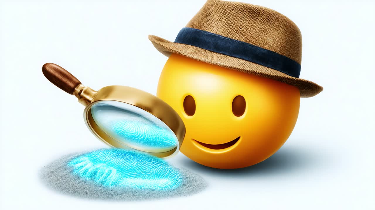 A cheerful, magnifying glass-wielding emoji character examines glowing fingerprints, showcasing a blend of humor and mystery in a vibrant, playful scene
