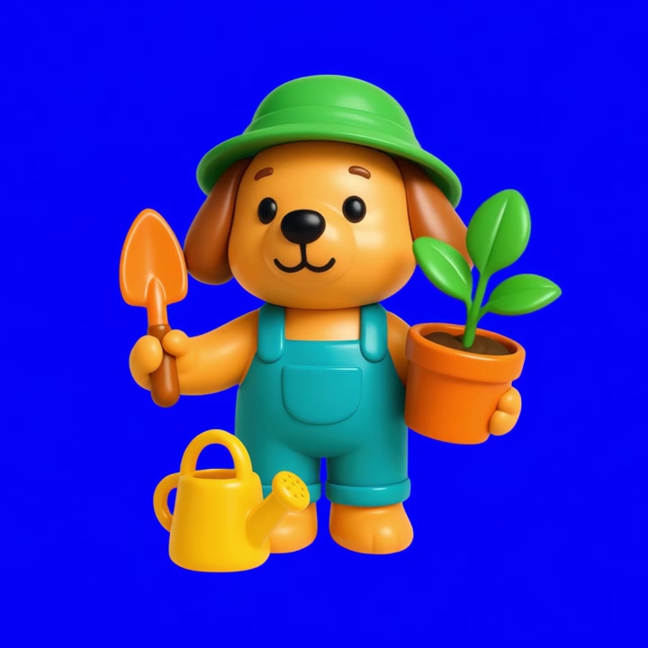 Cachorro jardineiro fofo em desenho 3D segurando planta e pá