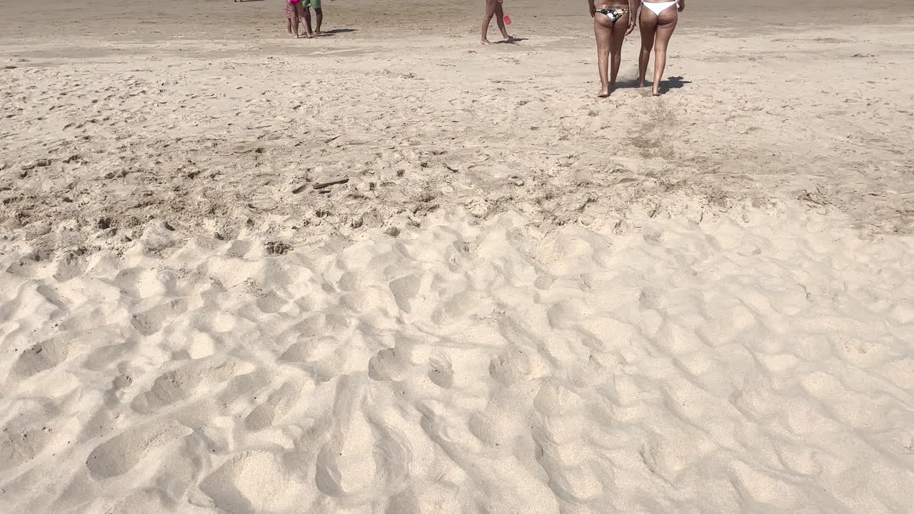 해변, 친구들과 비키니를 입은 여성들이 여행, 산책 및 여름 몸, 유대 및 모형과 함께 바다에서 휴식을 취합니다.