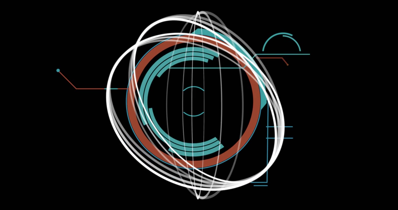 On start strokes sweeping and rotating wireframe orb and teal disc pulsing showing data connections