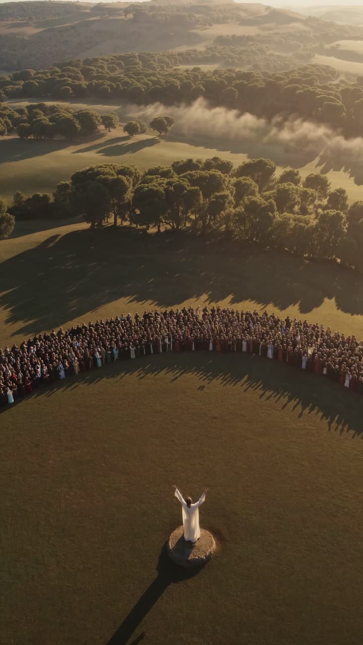Aerial view of a large group of people gathered in a circle around a central figure in a white robe